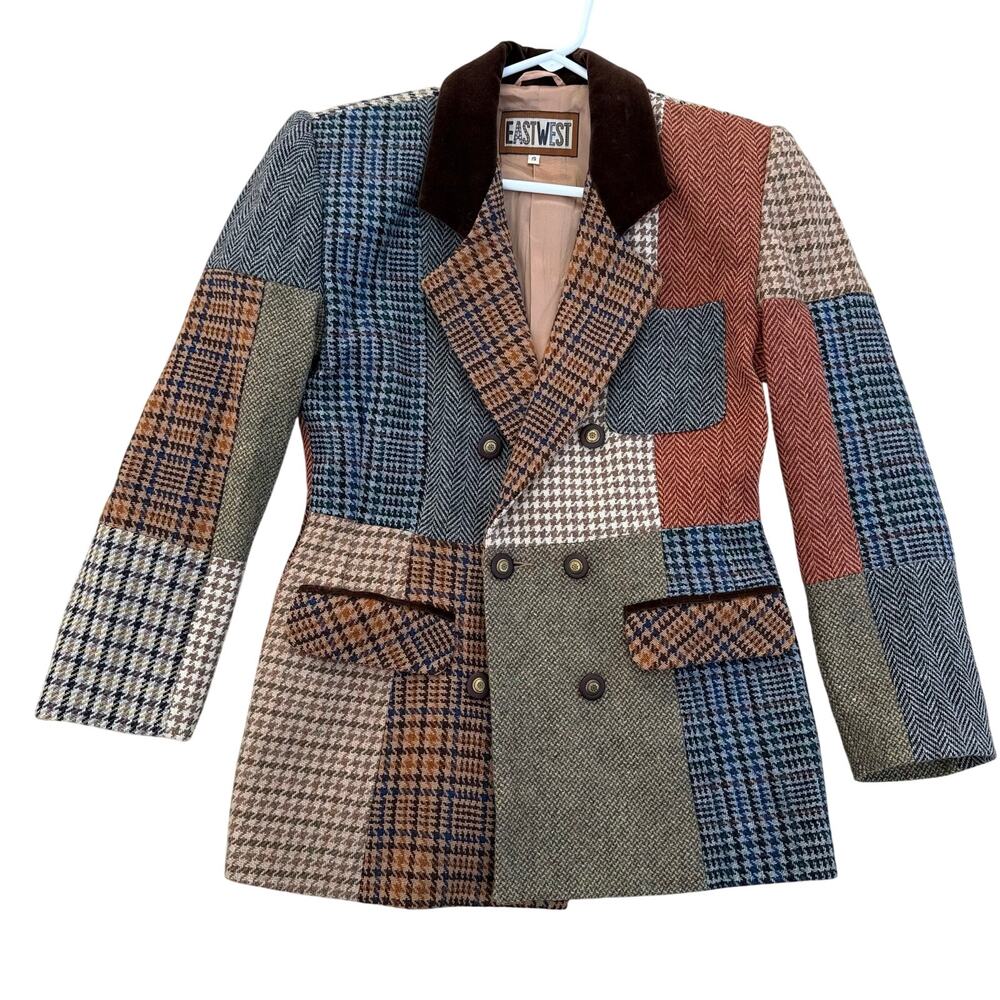 Eastwest Patchwork Plaid Blazer Jacket Double Breasted Sz S Acedemia Career